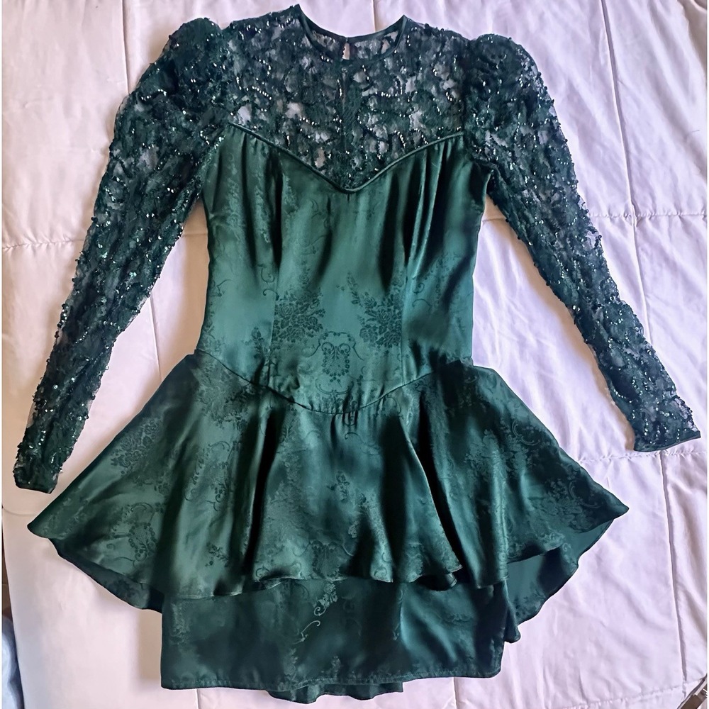 VTG Jessica McClintock 100% Silk Dress Green Lace Sequin High Low Runs Small